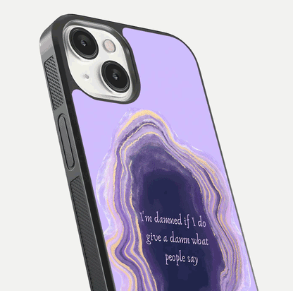 Damned People Quote Glass Case for iPhone 13 close-up highlighting quote text and reflection depth