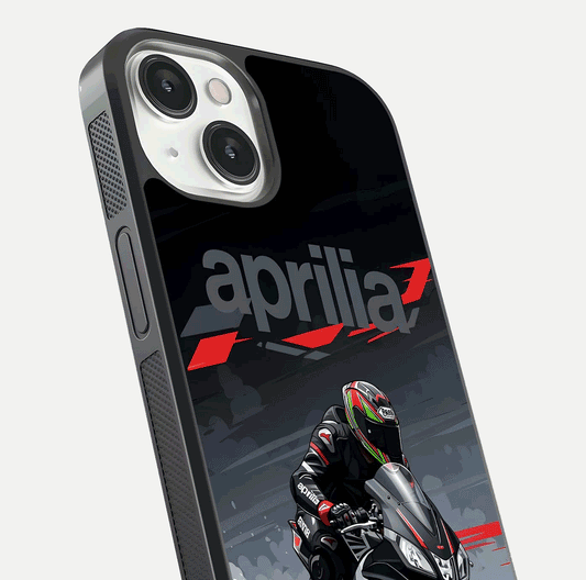 Dark Aprilla Glass Case for iPhone 13 close-up highlighting detailing and reflection effect
