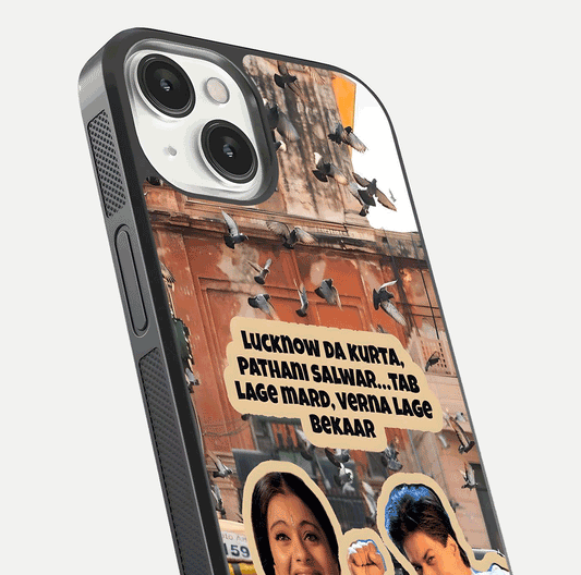 Desi Retro Vibes Glass Case for iPhone 13 close-up highlighting retro color palette and reflection glow