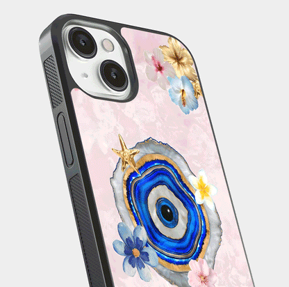 Divine Aura Bloom Glass Case for iPhone 13 close-up highlighting flower glow and reflection tone