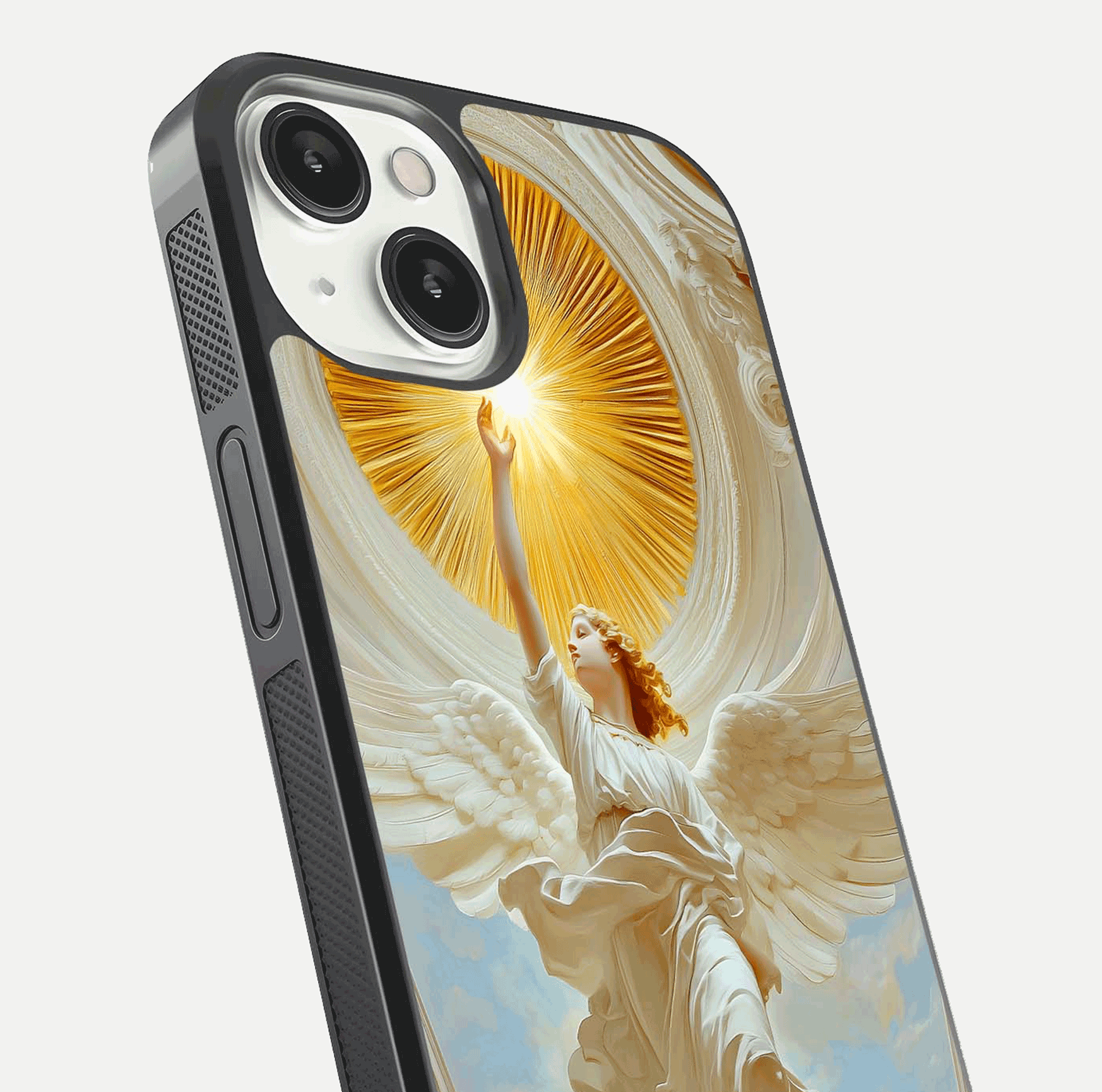 Divine Light Angel Glass Case for iPhone 13 close-up highlighting light rays and glass reflection