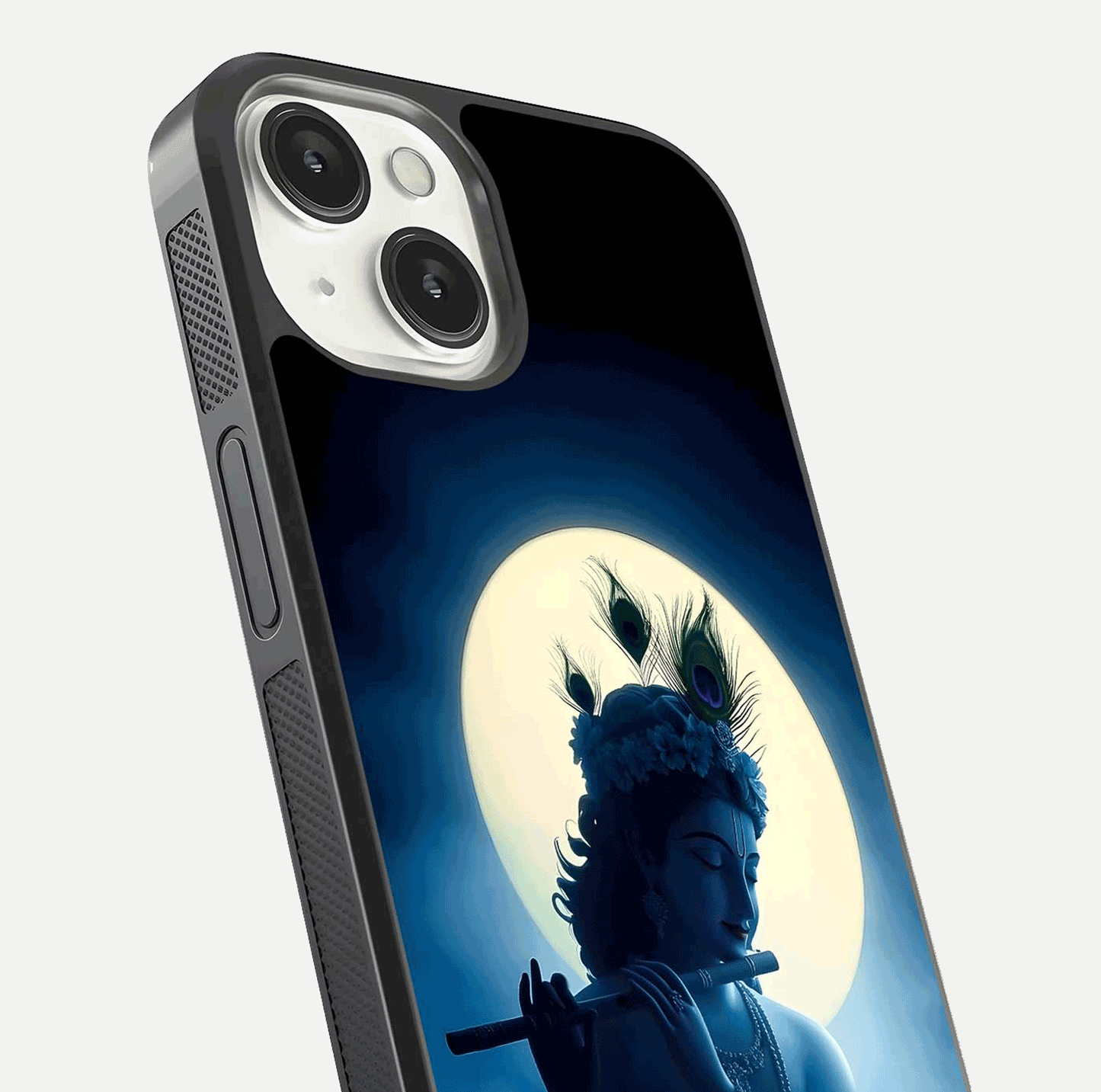 Divine Moon Flute Glass Case for iPhone 13 close-up highlighting flute detail and reflection shine