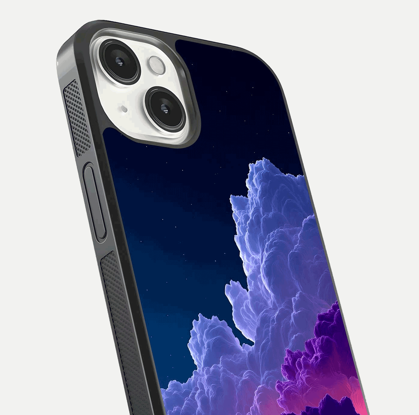 Dreamy Cloud Skies Glass Case for iPhone 13 close-up highlighting soft gradient tones and reflection glow