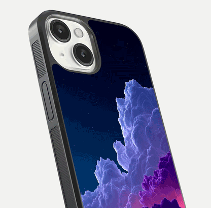 Dreamy Cloud Skies Glass Case for iPhone 13 close-up highlighting soft gradient tones and reflection glow