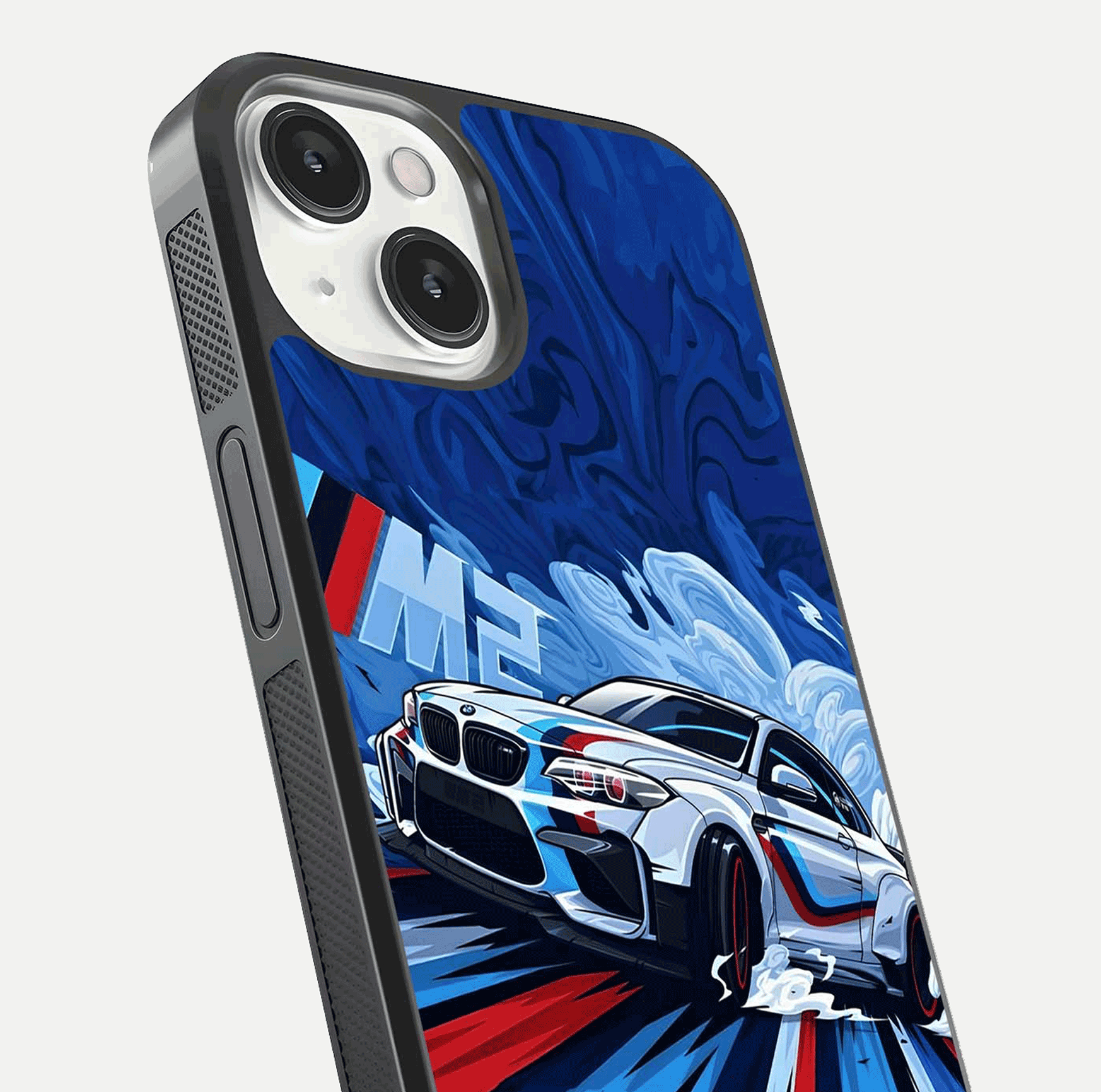 Drift Power Rush Glass Case for iPhone 13 close-up highlighting car reflection and metallic tones