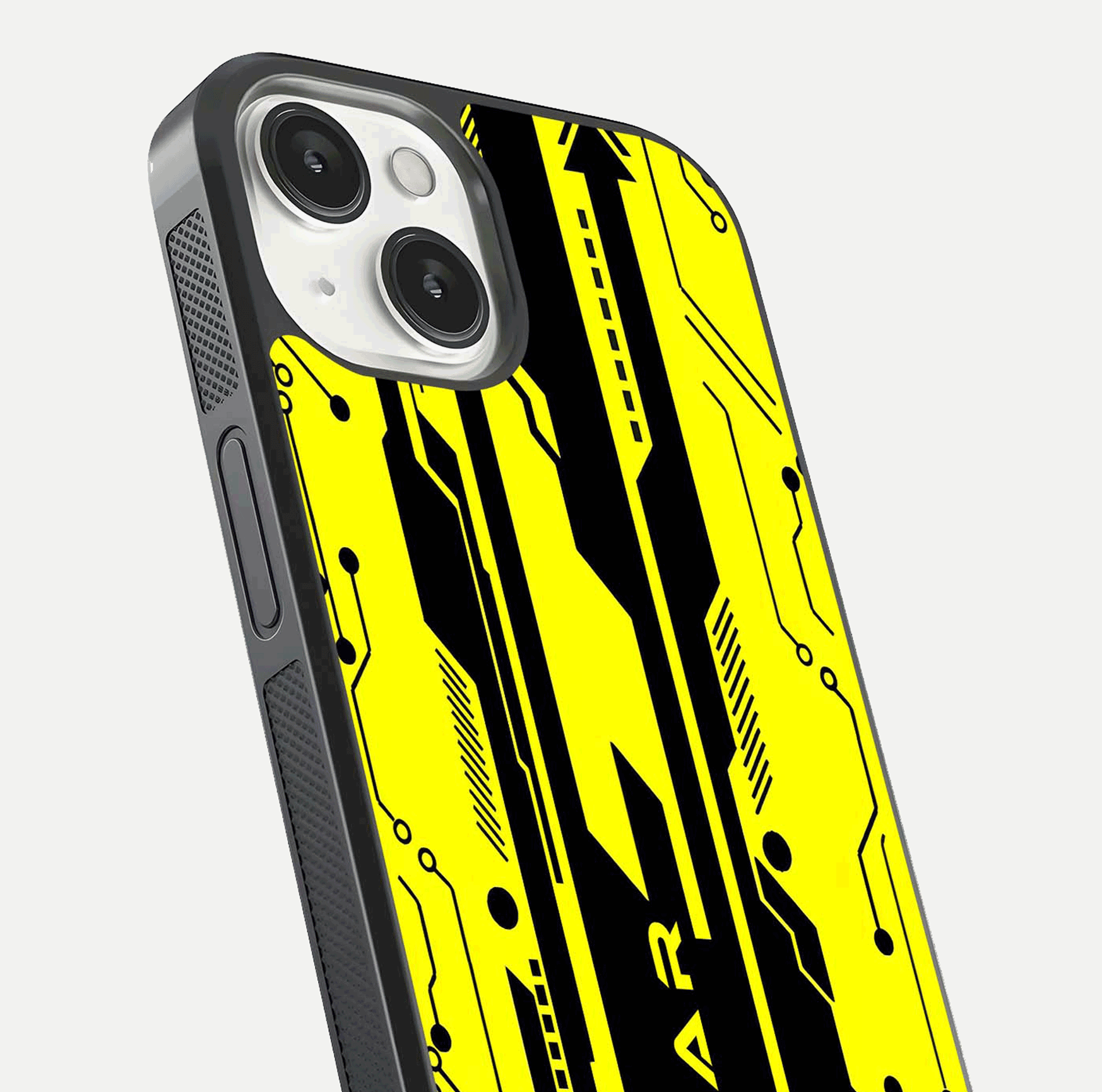 Electric Pulse CYBERPUNK Custom Name Glass Case for iPhone 13 close-up highlighting tech pattern, lighting effect, and reflection shine