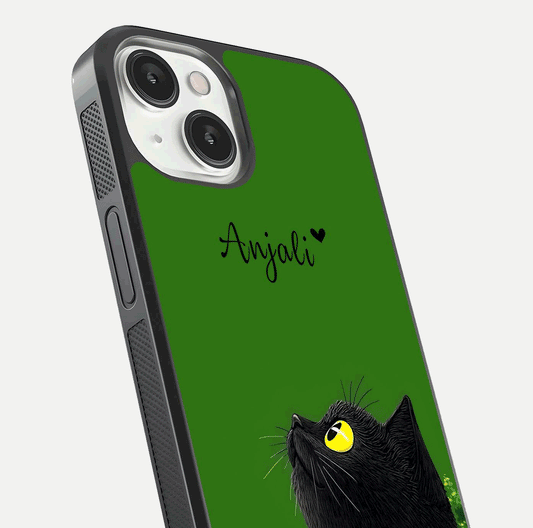 Emerald Cat Custom Name Glass Case for iPhone 13 close-up highlighting feline detail, emerald hues, and reflection polish
