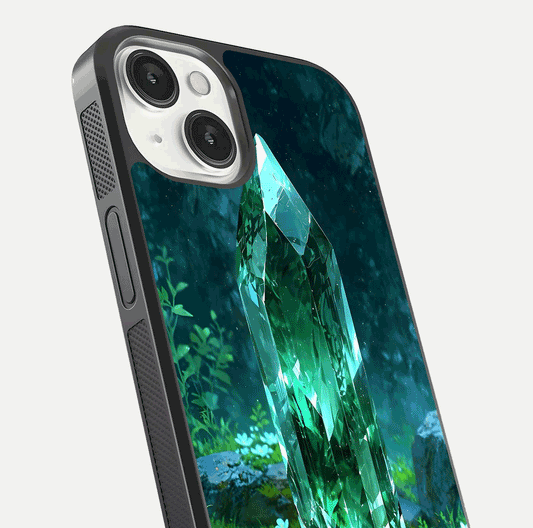 Emerald Light Crystal Glass Case for iPhone 13 close-up highlighting crystal texture and reflection glow