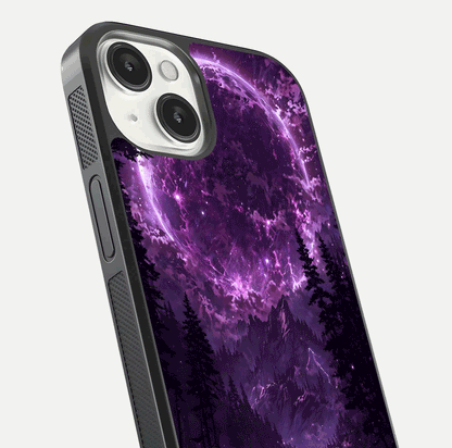 Eternal Cosmic Drive Glass Case for iPhone 13 close-up highlighting cosmic lights and reflection depth
