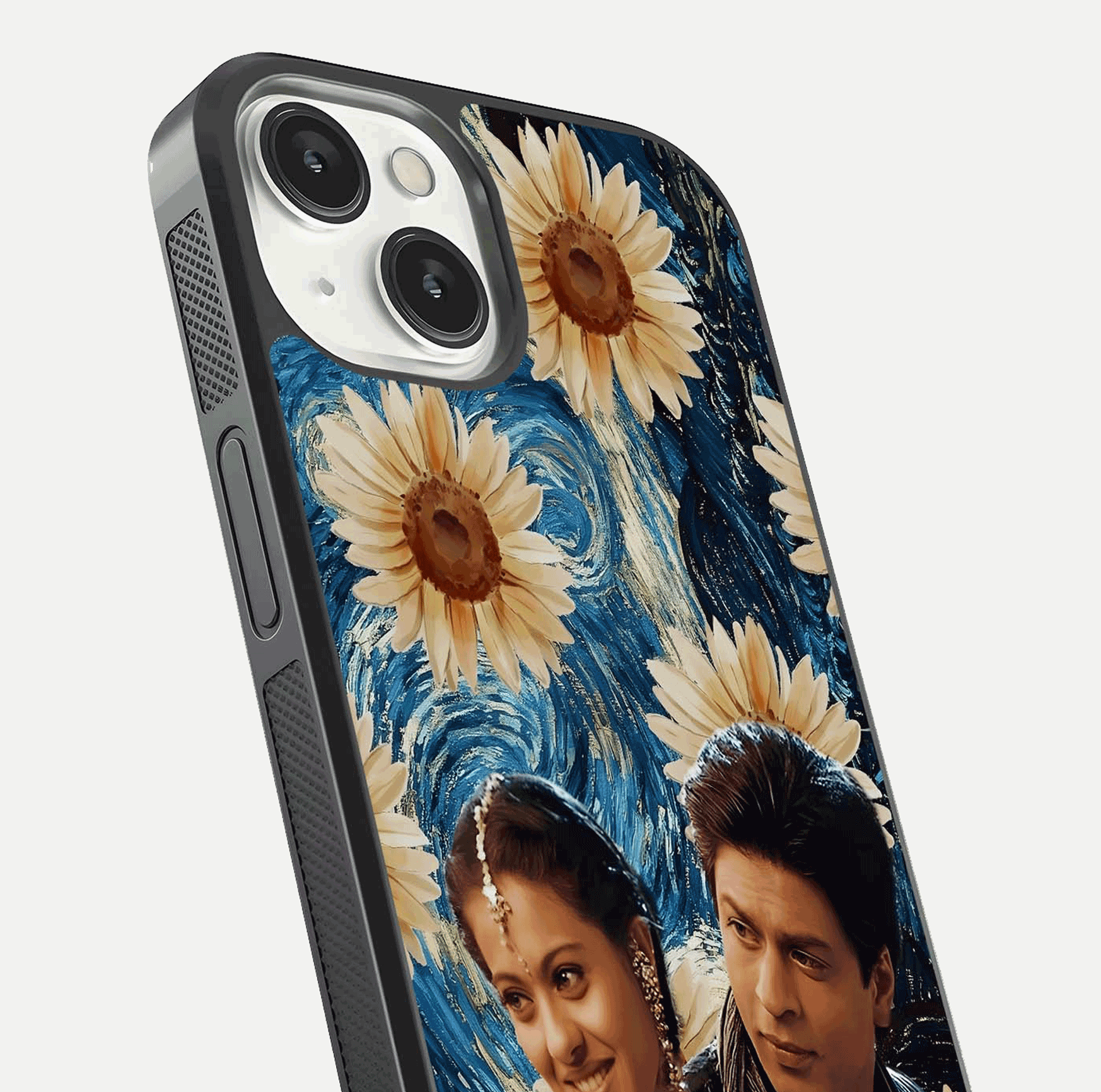 Eternal Love Story Glass Case for iPhone 13 close-up highlighting couple detail and light reflection