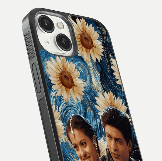 Eternal Love Story Glass Case for iPhone 13 close-up highlighting couple detail and light reflection