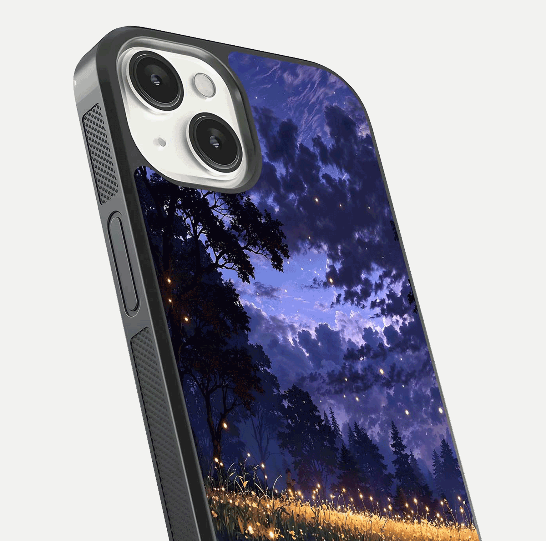 Firefly Meadow Magic Glass Case for iPhone 13 close-up highlighting luminous firefly light and reflection detail