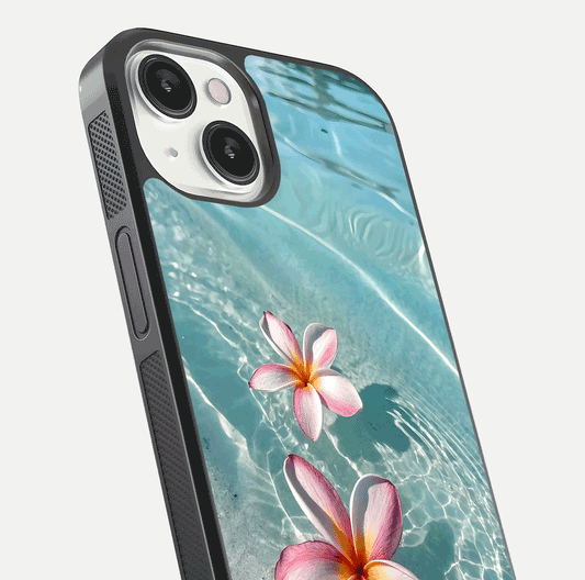 Floating Bloom Bliss Glass Case for iPhone 13 close-up highlighting petal detail and reflection tone