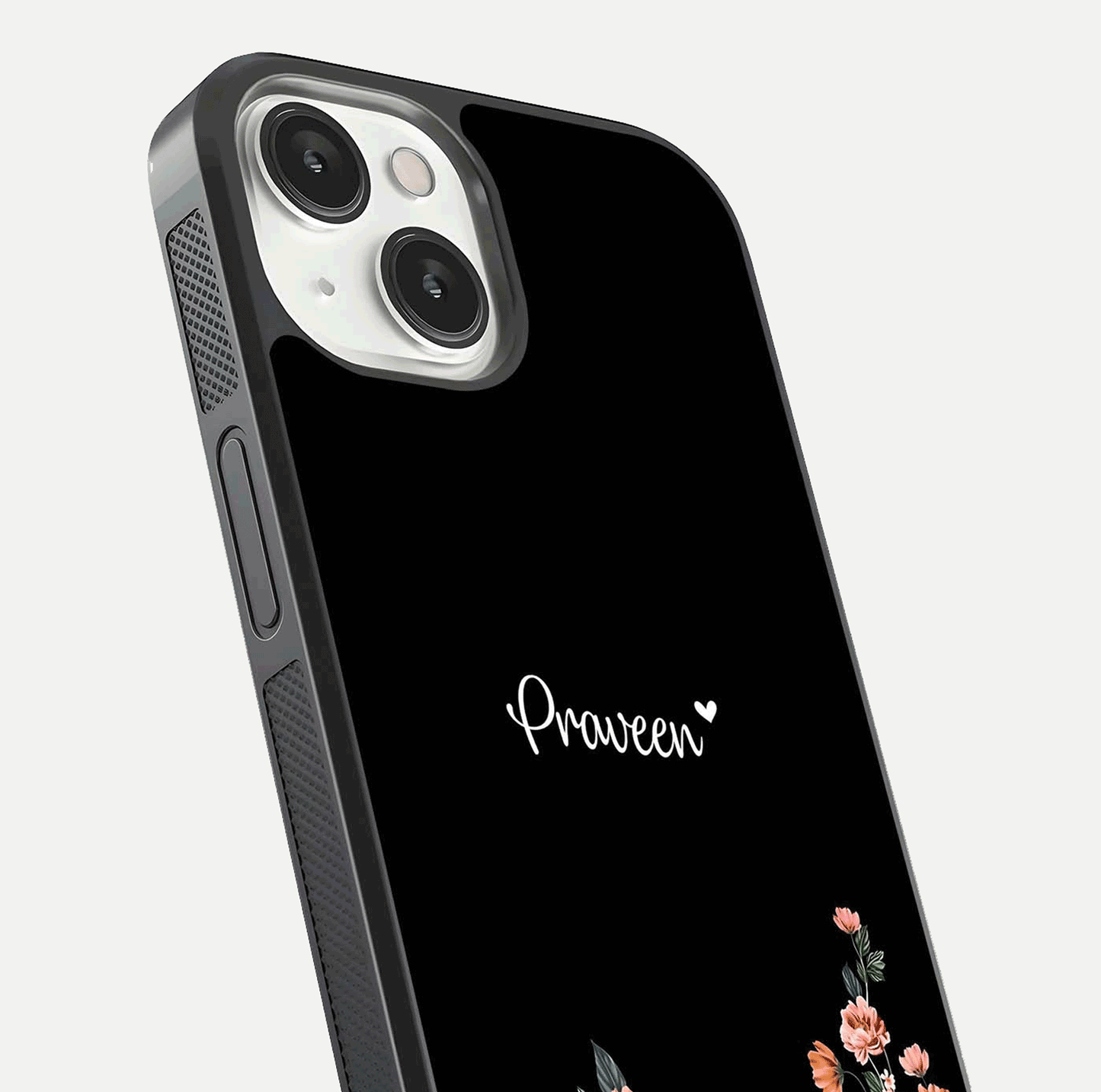 Floral Design Personalized Custom Name Glass Case for iPhone 13 close-up highlighting name clarity, petals, and gloss