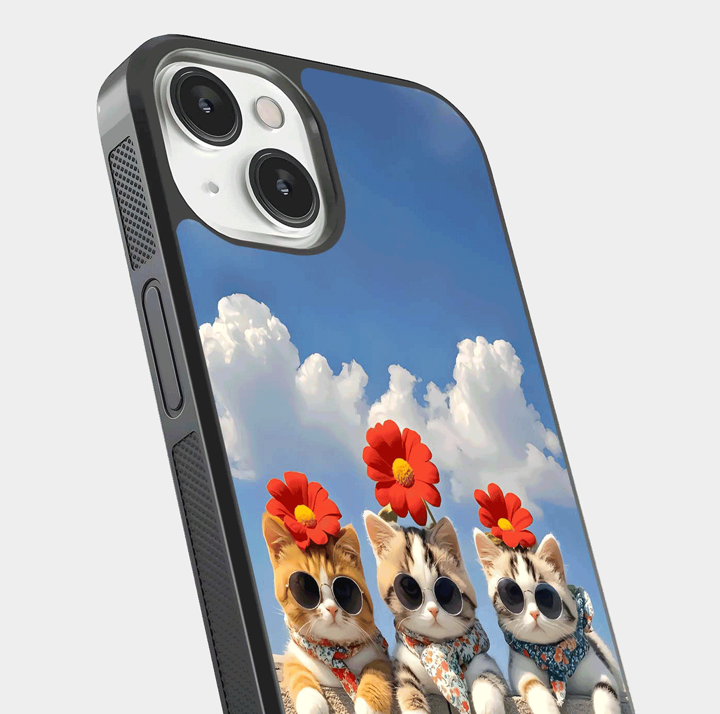 Floral Kitty Squad Glass Case for iPhone 13 close-up highlighting cat detail and flower patterns with HD shine