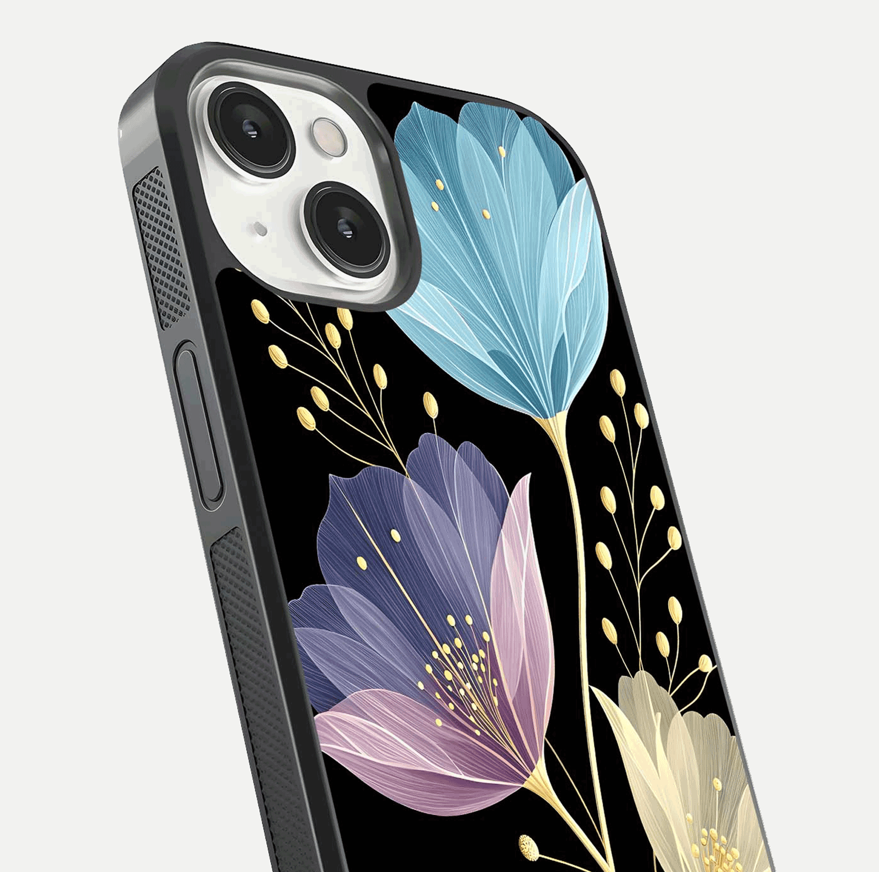 Flower Bloom Glow Glass Case for iPhone 13 close-up highlighting bloom detail and reflection polish