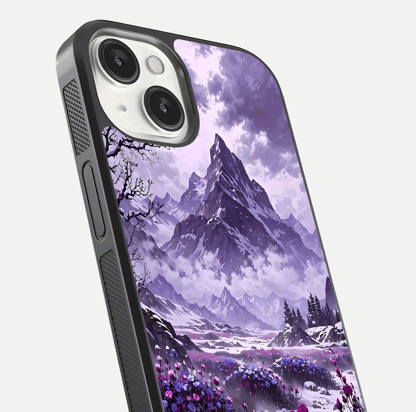 Flower Mountain View Glass Case for iPhone 13 close-up highlighting petal details and sky reflection