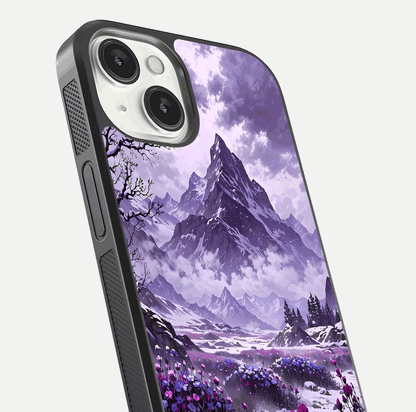Flower Mountain View Glass Case for iPhone 13 close-up highlighting petal details and sky reflection