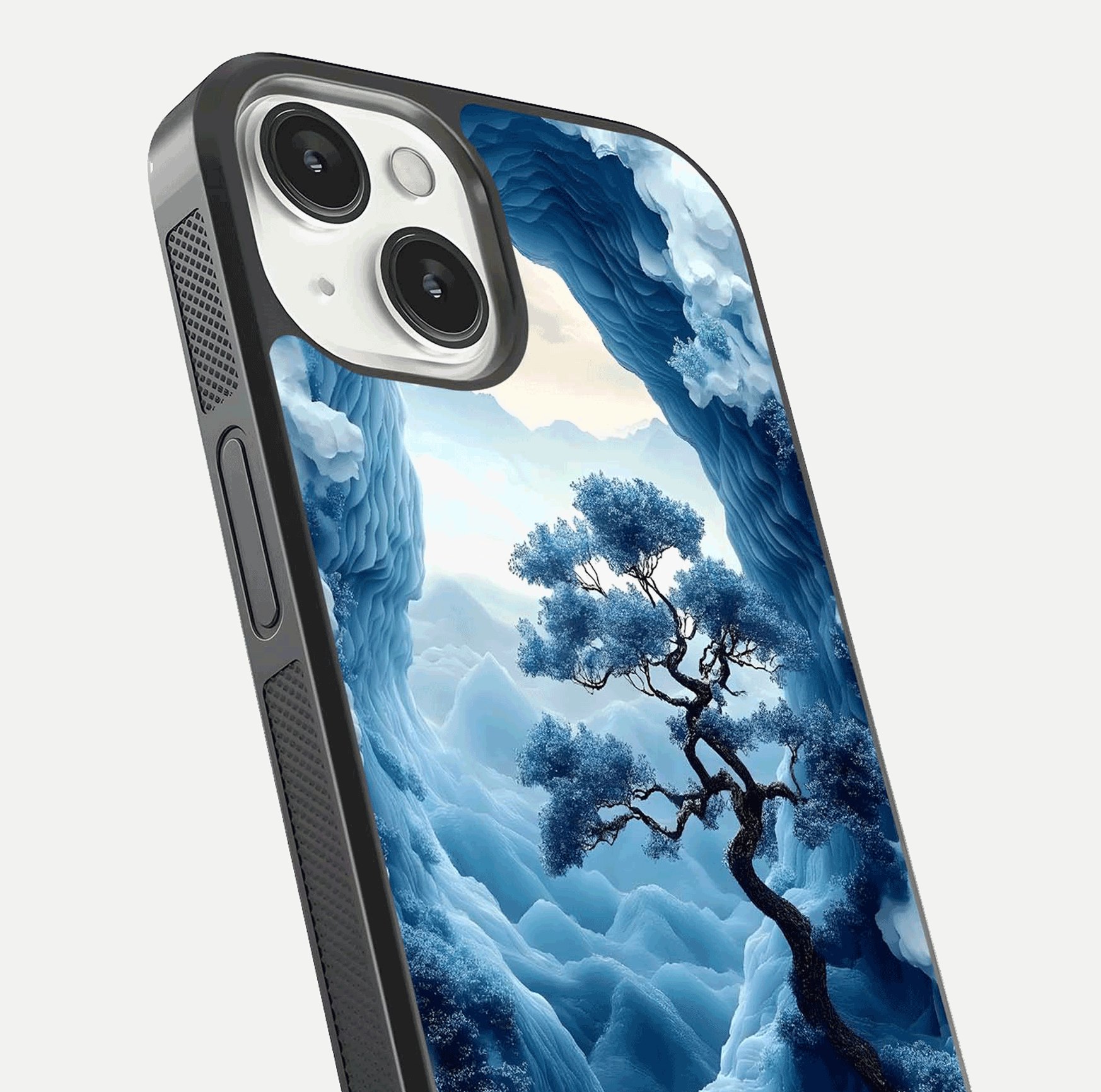 Frozen Serenity Gate Glass Case for iPhone 13 close-up highlighting frosted texture and reflection tone
