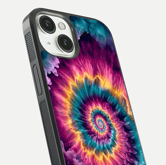 Galactic Spiral Burst Glass Case for iPhone 13 close-up angled shot showing spiral burst detail, neon tones, and glossy reflection
