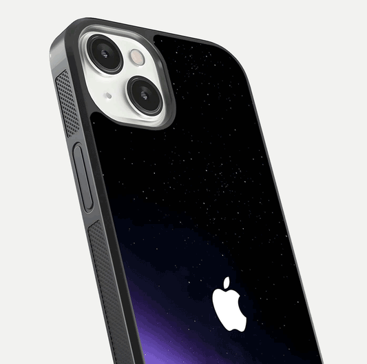 Galaxy Apple Aura Glass Case for iPhone 13 close-up angled shot showing aura lighting and reflection polish