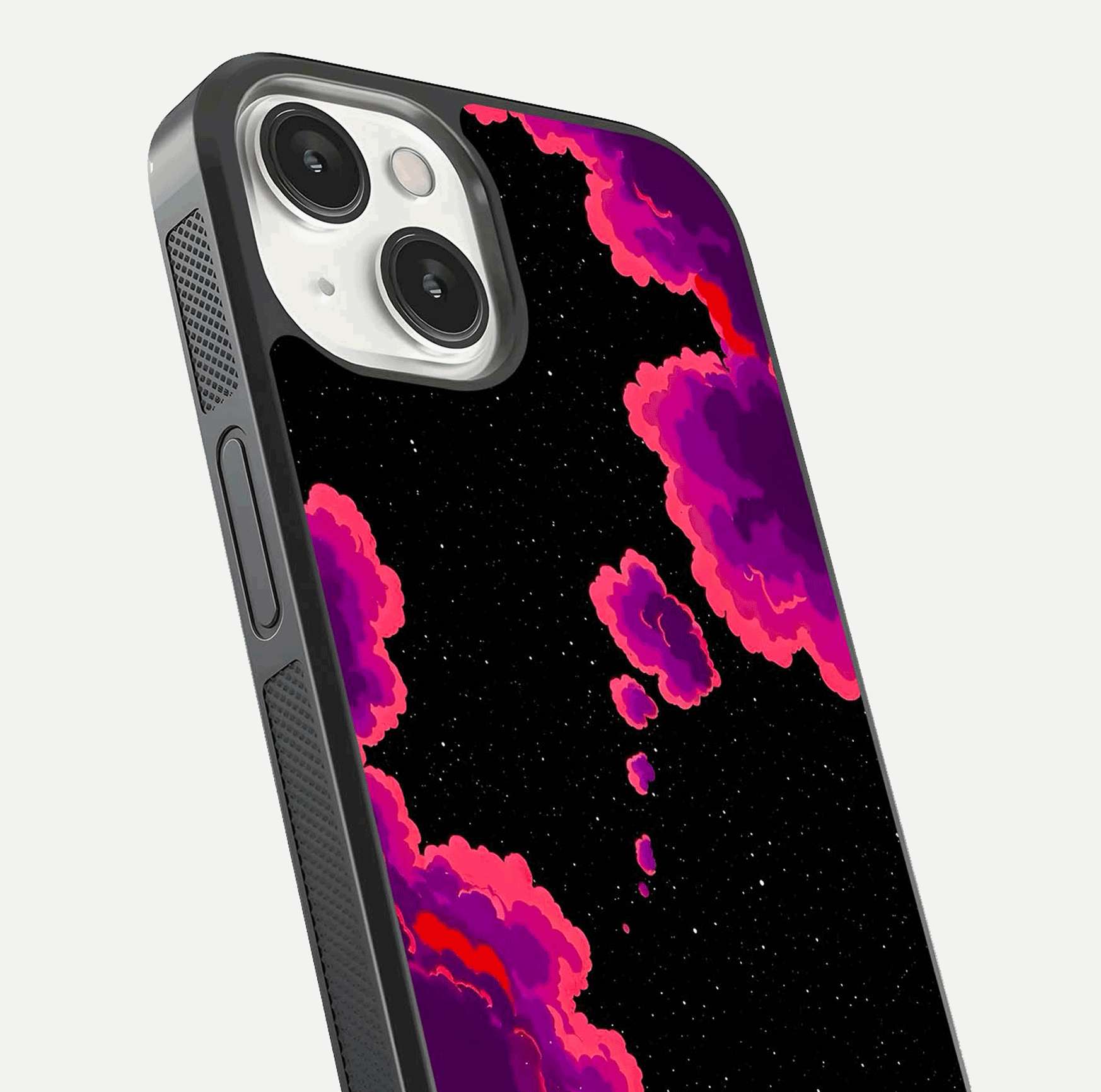 Galaxy Dream Frame Glass Case for iPhone 13 close-up angled shot showing nebula patterns and reflection glow