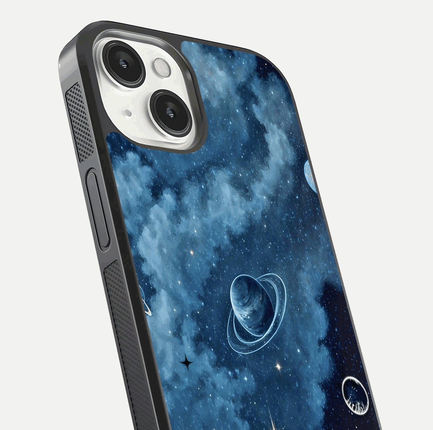 Galaxy Dream Space Glass Case for iPhone 13 close-up angled shot highlighting nebula details and reflection shine