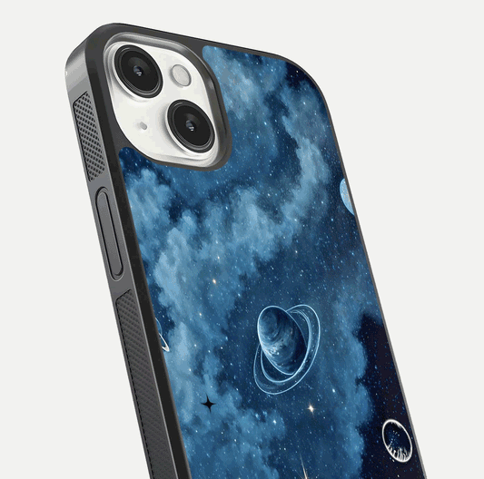 Galaxy Dream Space Glass Case for iPhone 13 close-up angled shot highlighting nebula details and reflection shine