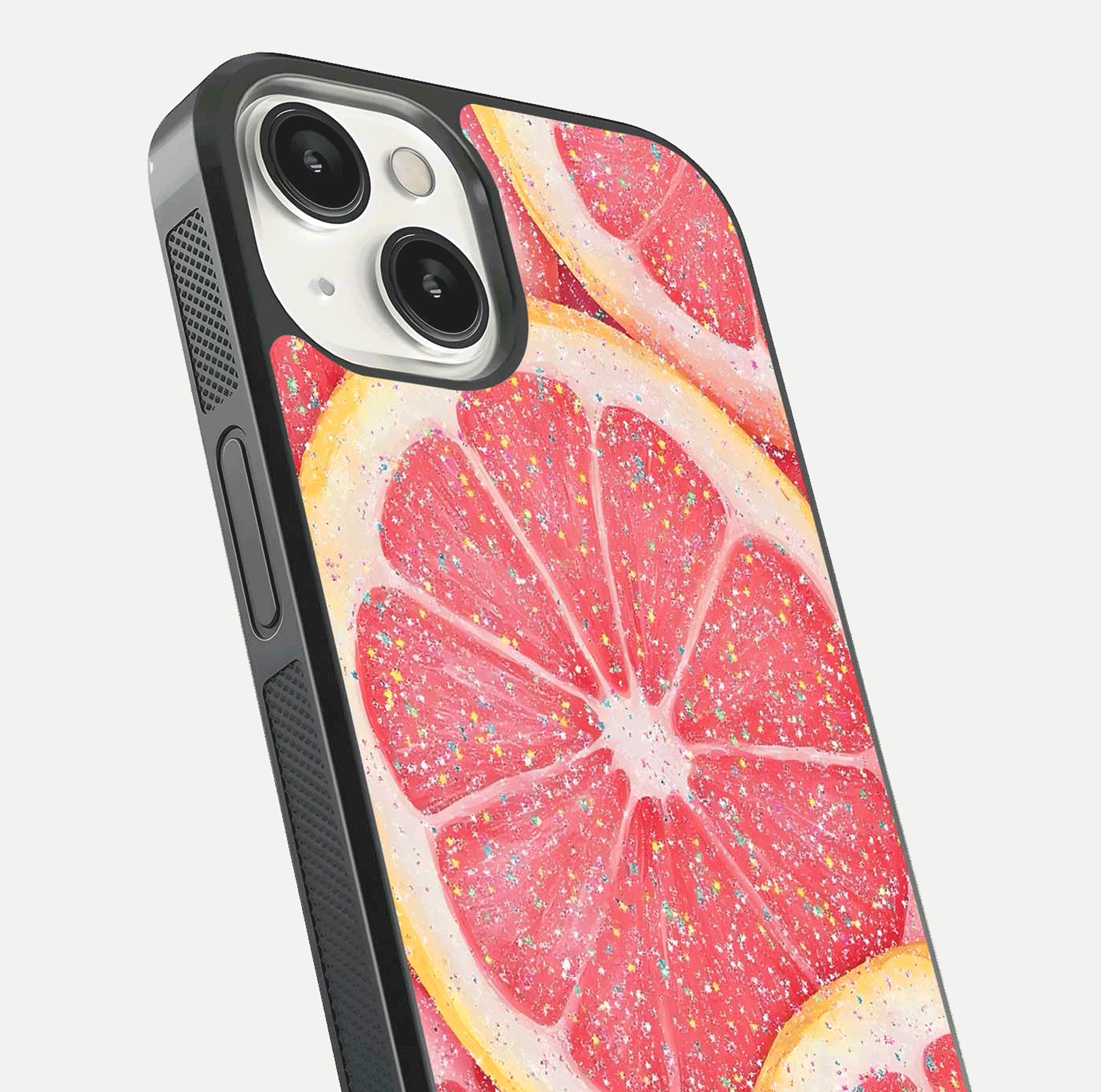 Glitter Grapefruit Glass Case for iPhone 13 close-up angled shot showing fruit texture and glitter reflection