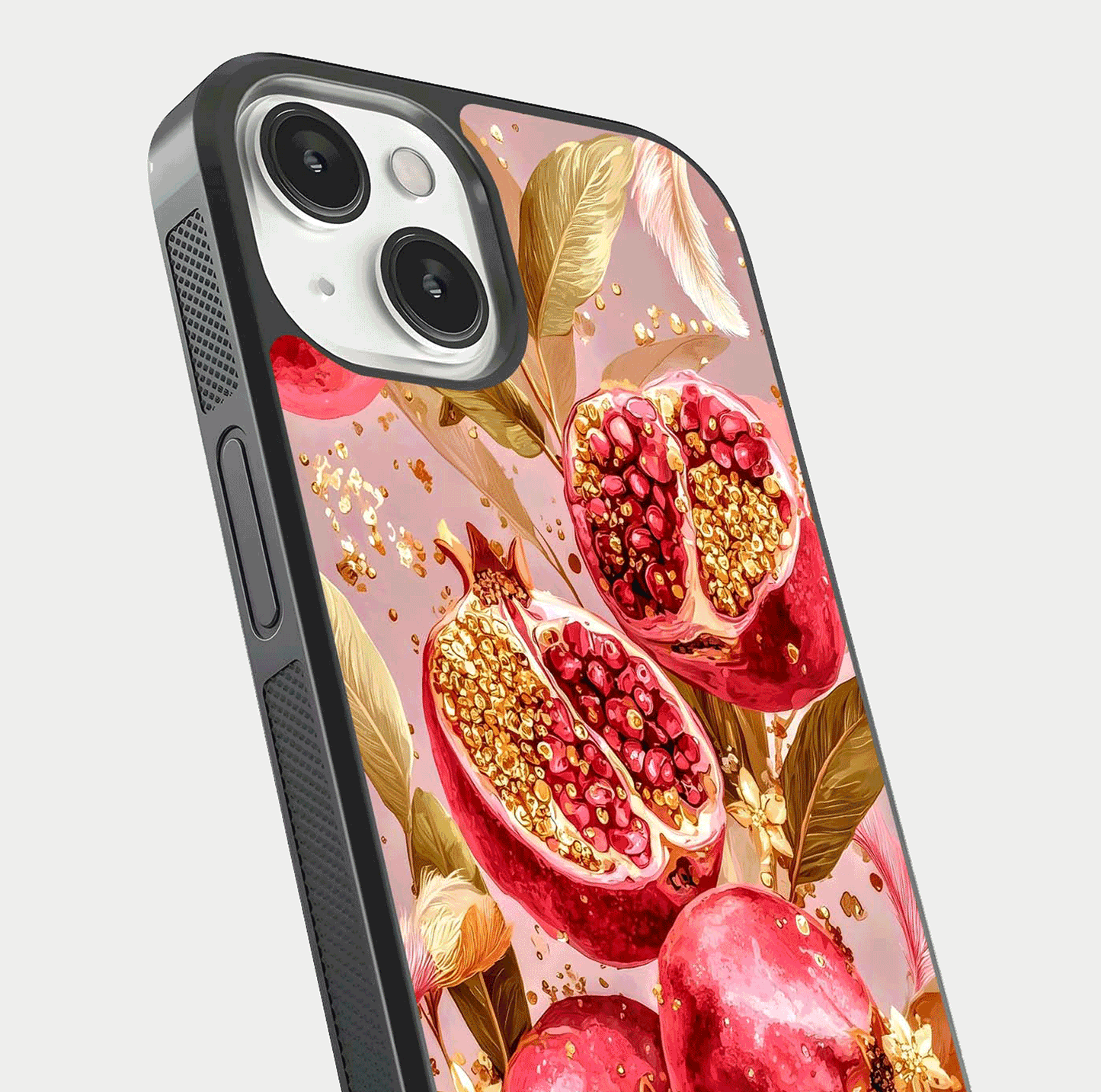 Golden Bloom Glow Glass Case for iPhone 13 close-up angled shot showing metallic tones and reflection brilliance