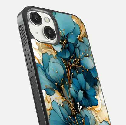Golden Bloom Symphony Glass Case for iPhone 13 close-up angled shot showing detailed petals and metallic gold reflection
