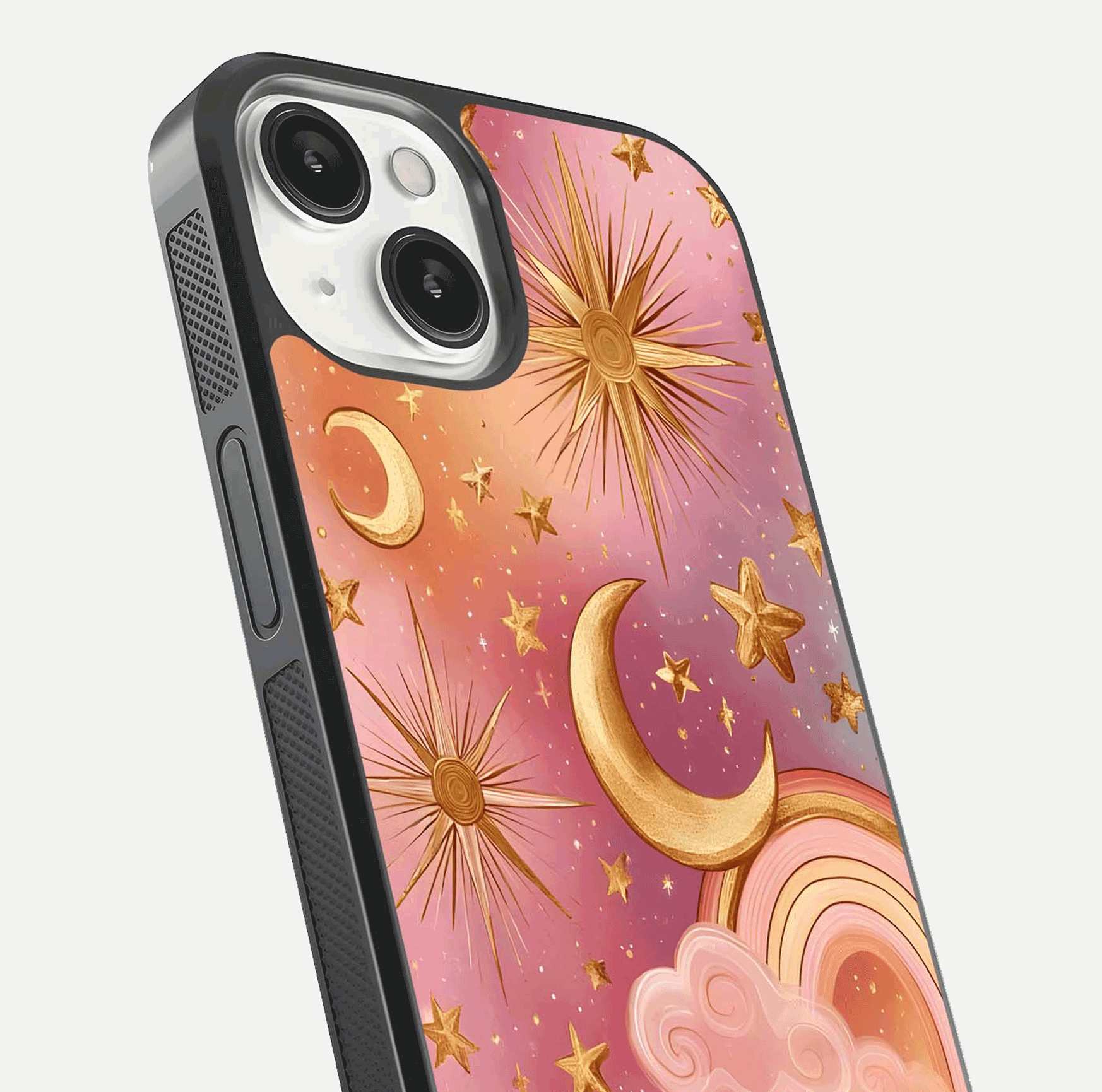 Golden Celestial Dreams Glass Case for iPhone 13 close-up angled shot showing cosmic gold tones and reflection shine