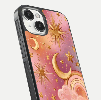 Golden Celestial Dreams Glass Case for iPhone 13 close-up angled shot showing cosmic gold tones and reflection shine
