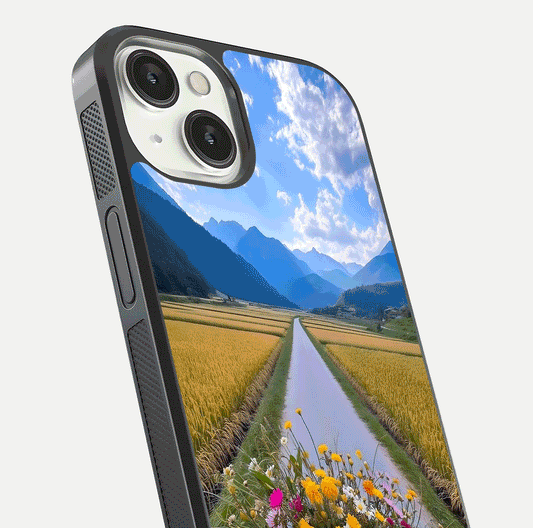 Golden Field Journey Glass Case for iPhone 13 close-up angled shot showing sunlight tones and reflection clarity