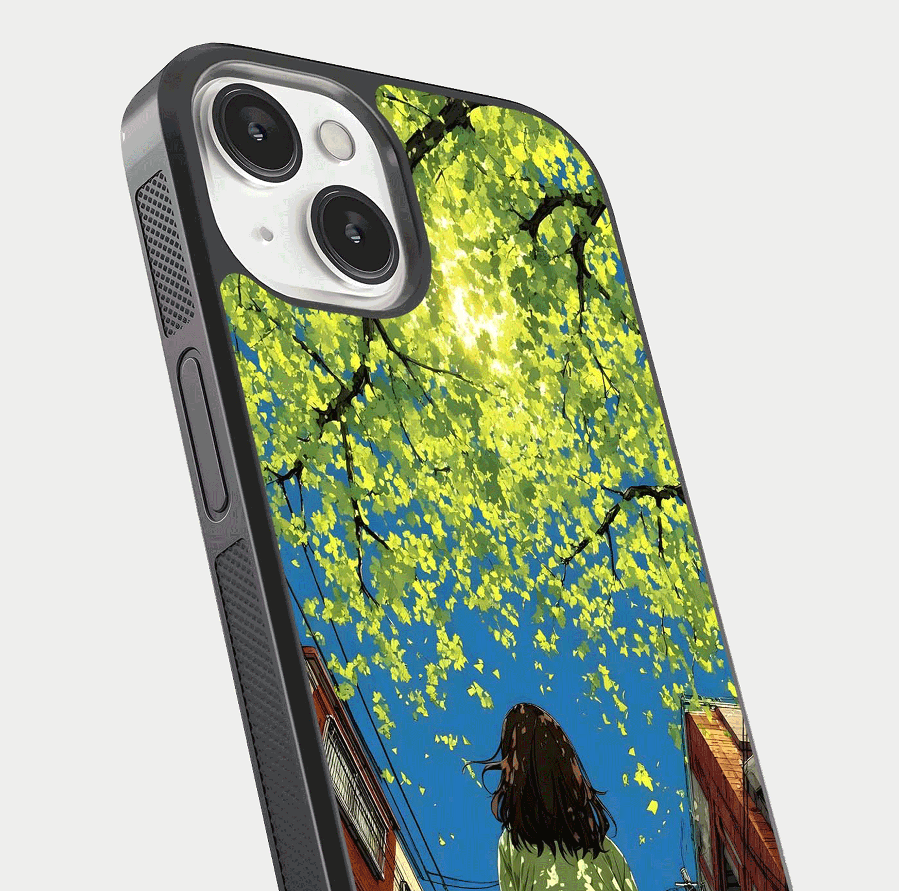 Golden Leaves Glow Glass Case for iPhone 13 close-up angled shot showing fine leaf texture and reflection shine