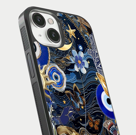Golden Moon Magic Glass Case for iPhone 13 close-up angled shot showing lunar glow, star detail, and reflection brightness