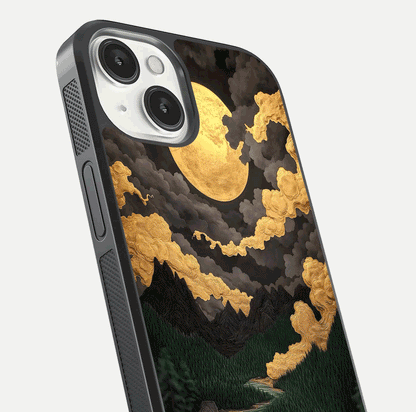 Golden River Moon Glass Case for iPhone 13 close-up angled shot showing moon reflection and water shine