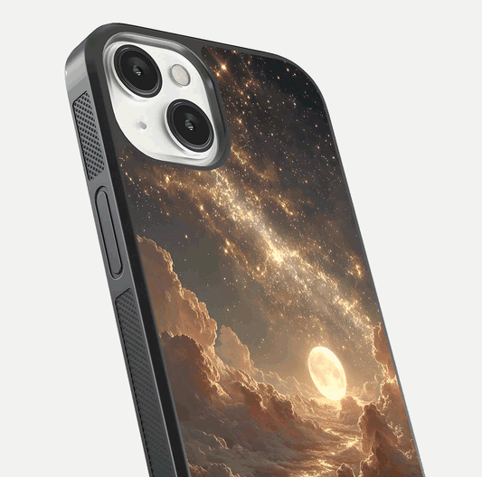 Golden Sky Dream Glass Case for iPhone 13 close-up angled shot showing gradient tones and reflection polish