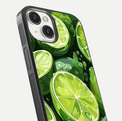 Green Lemon Glass Case for iPhone 13 close-up angled shot showing lemon slice texture and reflection brightness