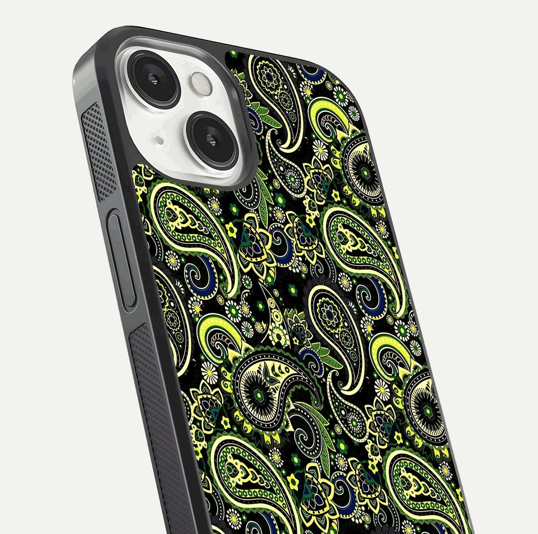 Green Mandala Pattern Glass Case for iPhone 13 close-up angled shot showing fine detailing and gold-green reflection
