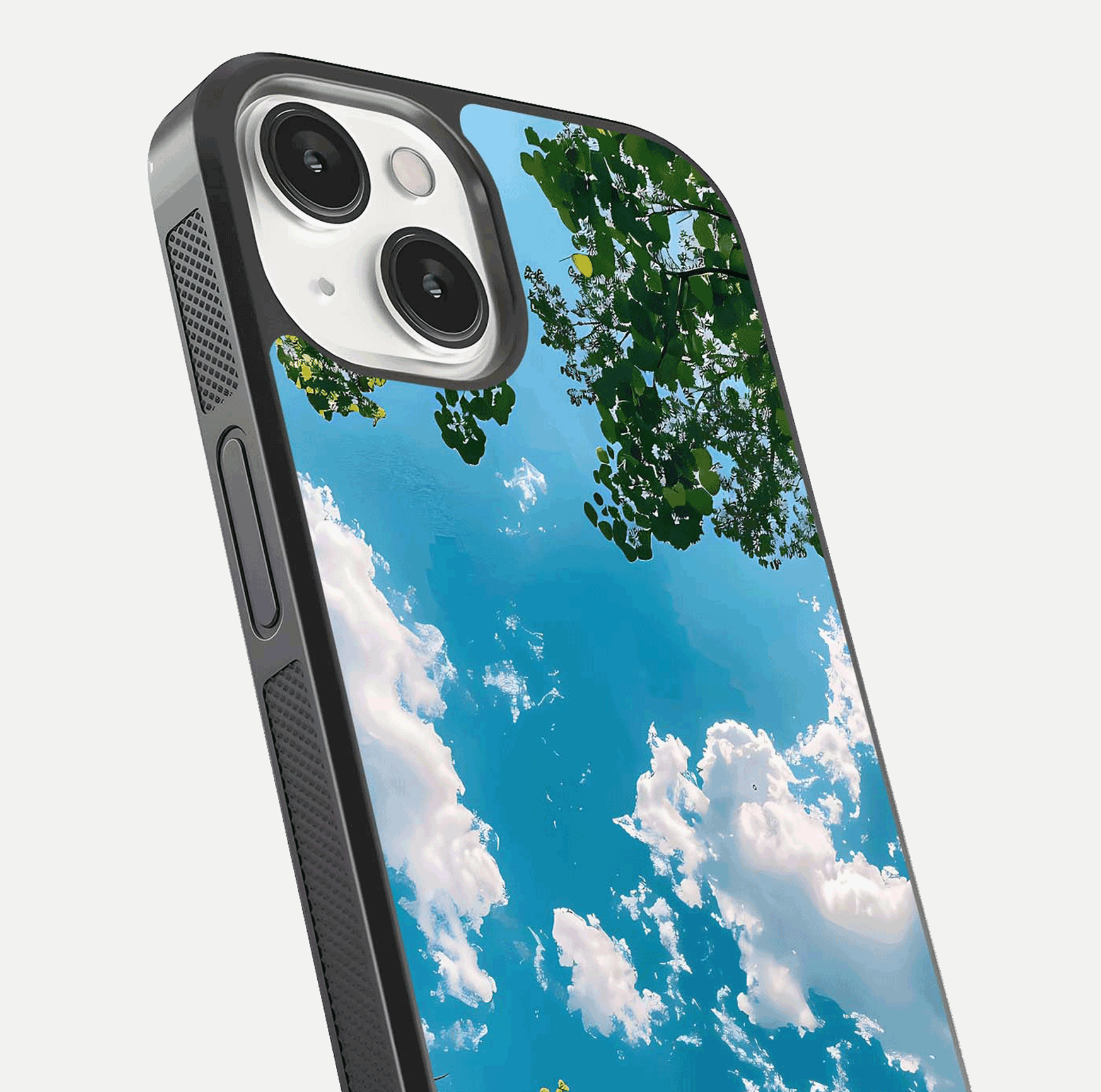 Greenery Sky Glass Case for iPhone 13 close-up angled shot showing leafy tones and reflection brightness