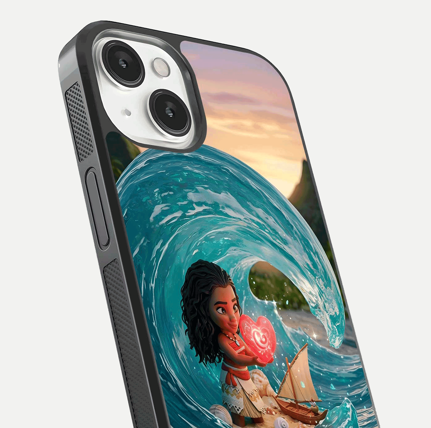 Heart of Ocean Glass Case for iPhone 13 close-up angled shot showing blue tones and reflection shine