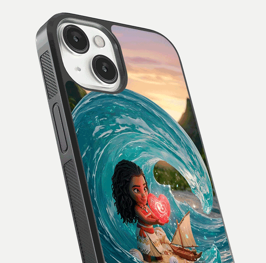 Heart of Ocean Glass Case for iPhone 13 close-up angled shot showing blue tones and reflection shine