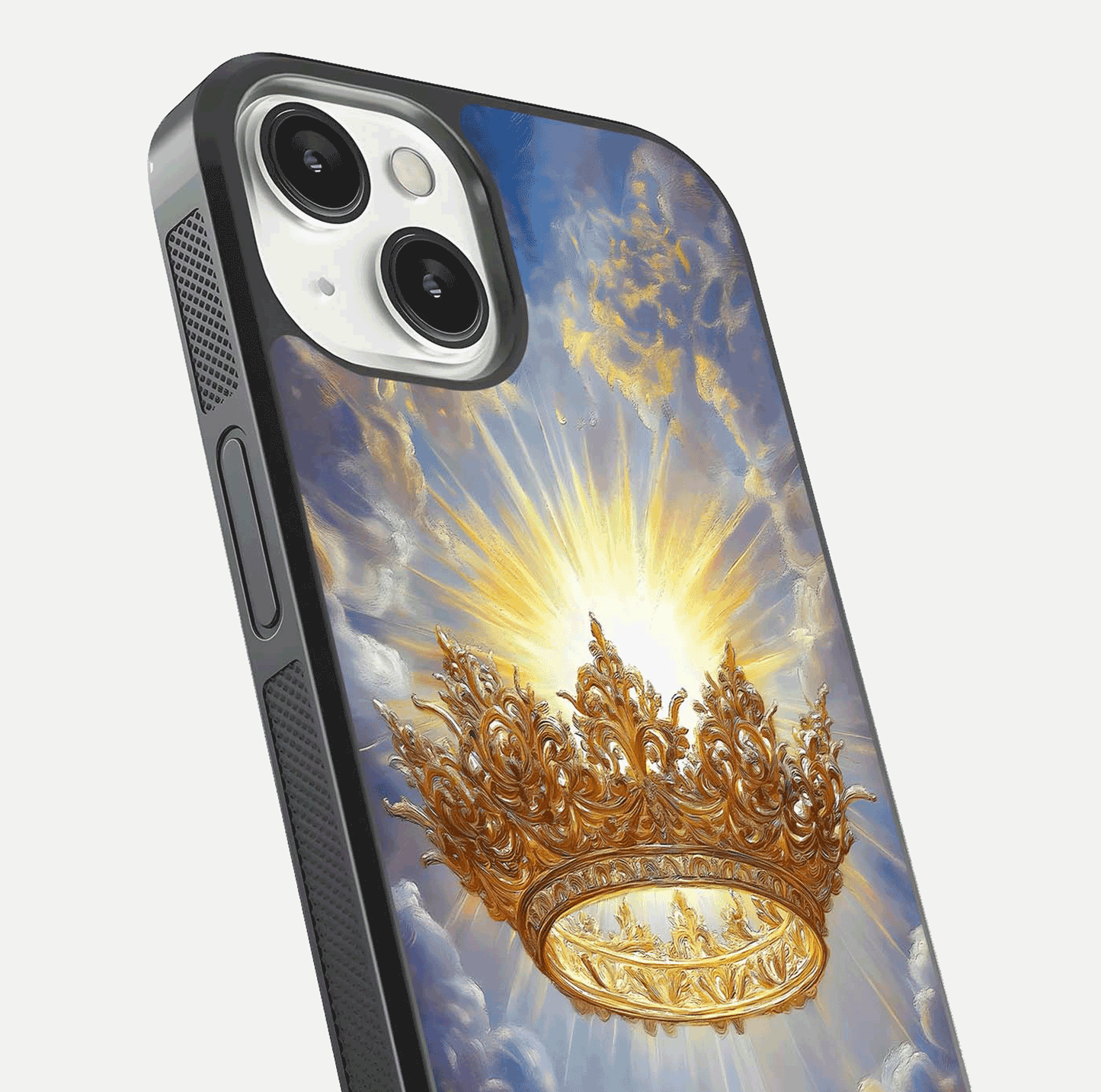 Heavenly Crown Light Glass Case for iPhone 13 close-up angled shot showing glowing halo details and smooth reflection