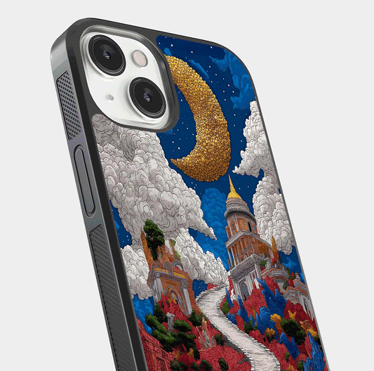 Heavenly Moon Path Glass Case for iPhone 13 close-up angled shot showing moon reflection and shimmer texture