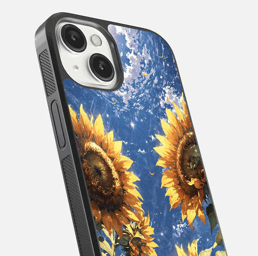 Heavenly Sunflower Rise Glass Case for iPhone 13 close-up angled shot showing sunflower texture and reflection polish
