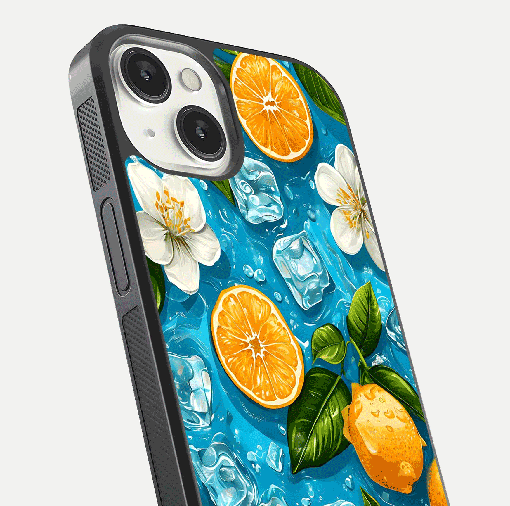 Ice Cube With Orange Glass Case for iPhone 13 close-up angled shot showing orange slices and ice reflections