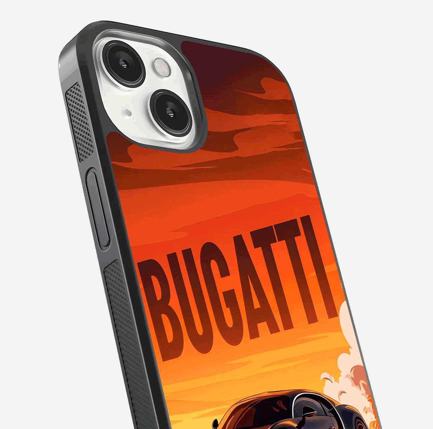 Inferno Bugatti Storm Glass Case for iPhone 13 close-up angled shot showing flame details and reflection shine