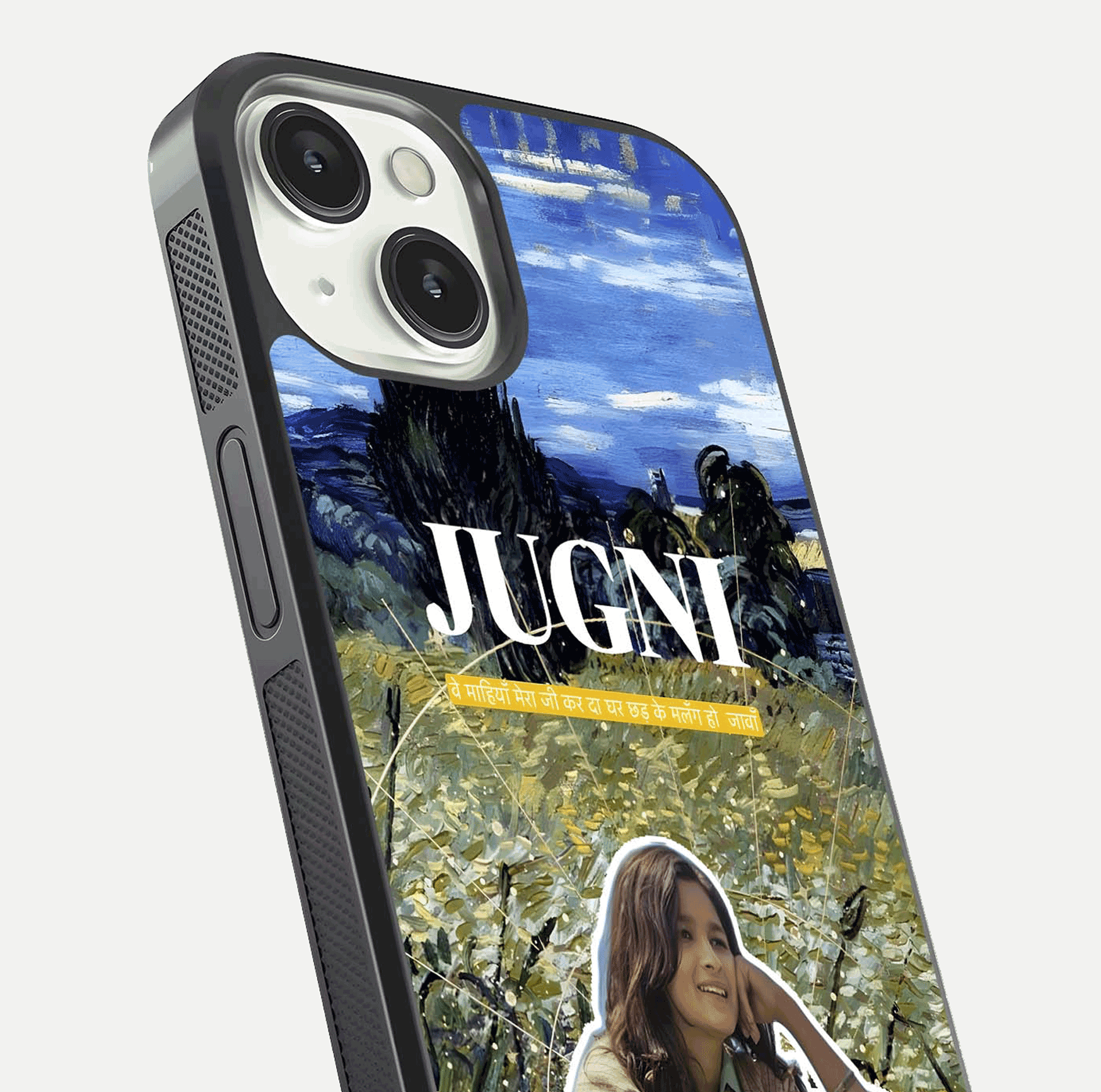 Jugni Soul Vibes Glass Case for iPhone 13 close-up angled shot showing typography detail and vibrant gloss reflection