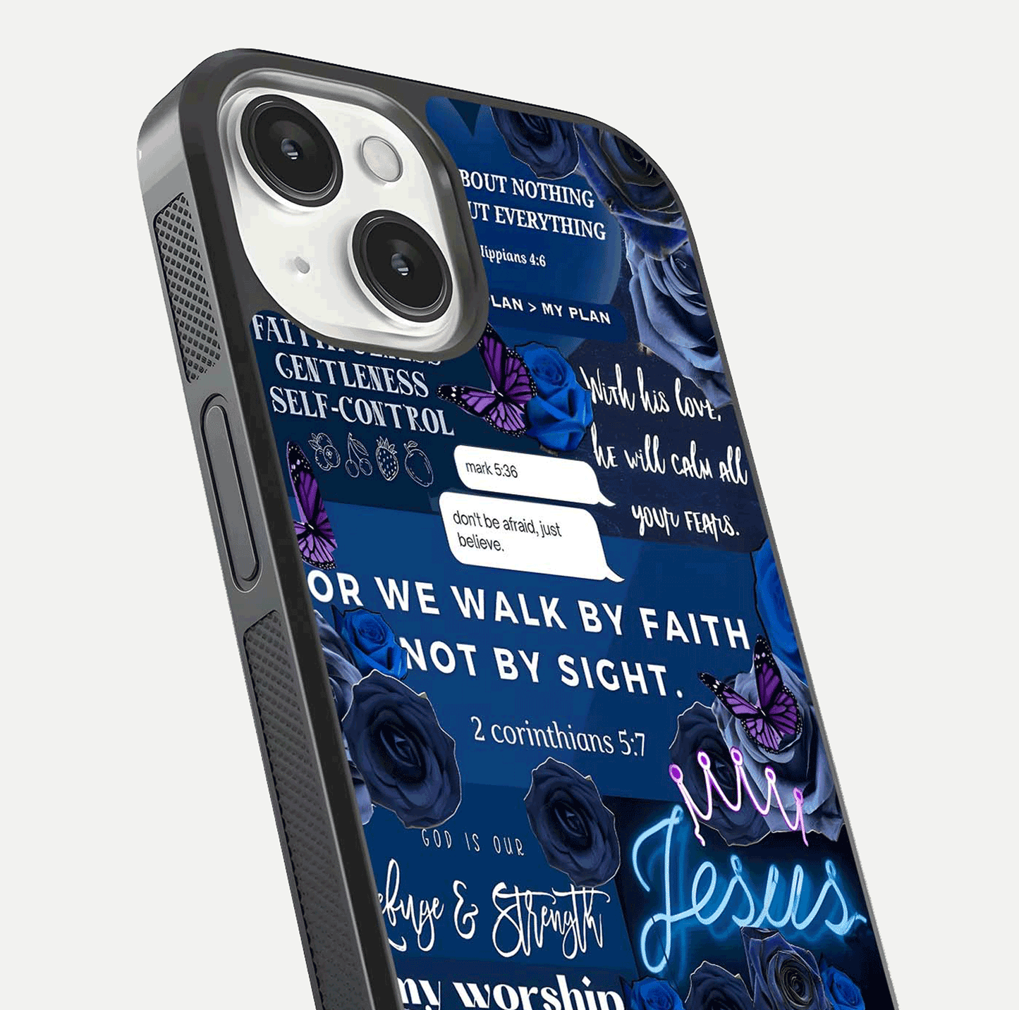 Kingdom Faith Glow Glass Case for iPhone 13 close-up angled shot showing luminous text and divine reflection
